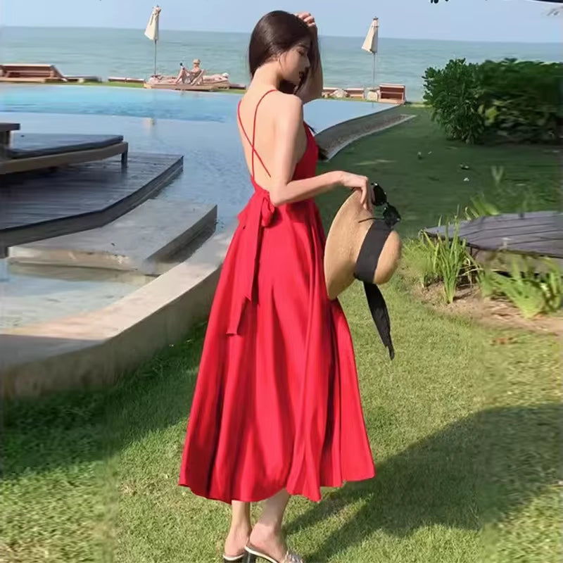 Backless Bow Satin White Dresses for Women Long Vacation Beach Summer Dress 2025