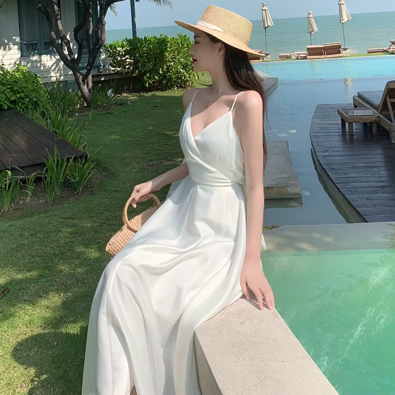 Backless Bow Satin White Dresses for Women Long Vacation Beach Summer Dress 2025