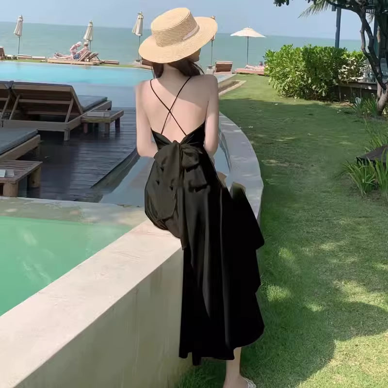 Backless Bow Satin White Dresses for Women Long Vacation Beach Summer Dress 2025