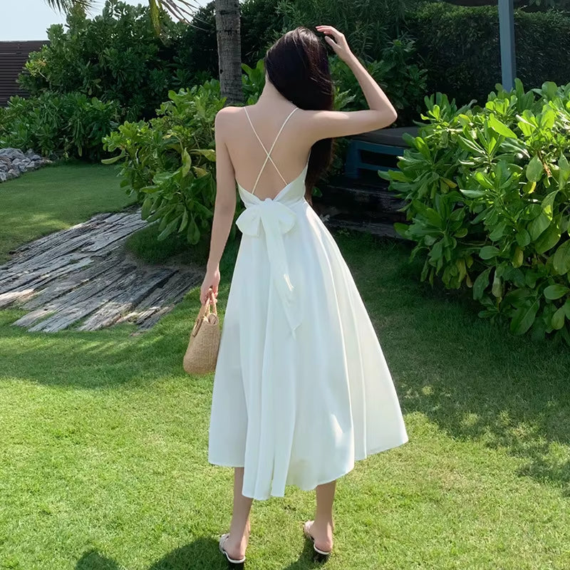 Backless Bow Satin White Dresses for Women Long Vacation Beach Summer Dress 2025