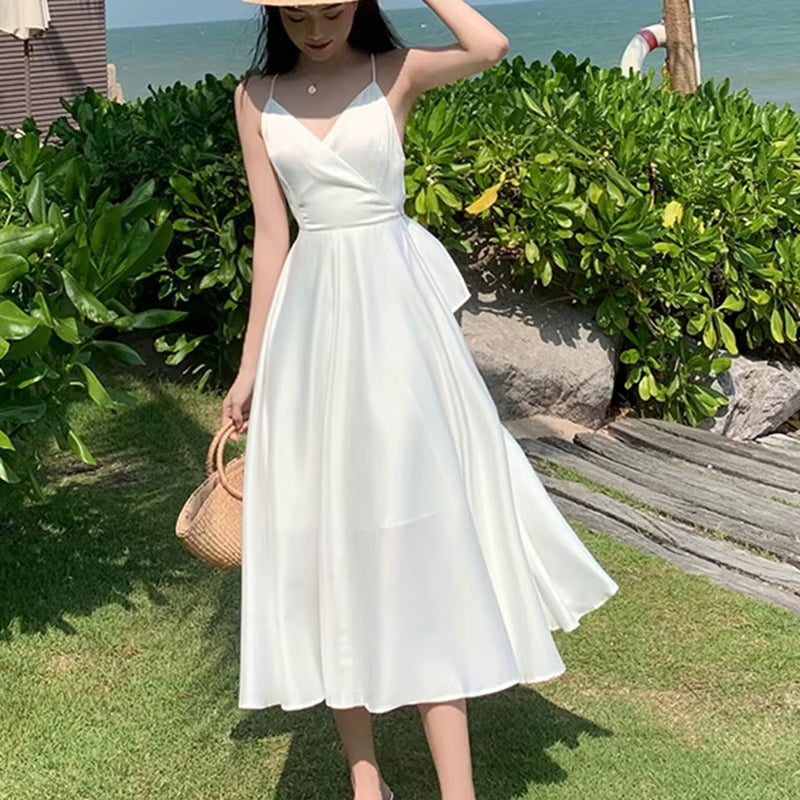 Backless Bow Satin White Dresses for Women Long Vacation Beach Summer Dress 2025